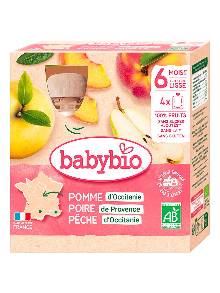 Babybio Pomme de Nouvelle-Aquitaine Poire de Provence Pêche d'Occitanie